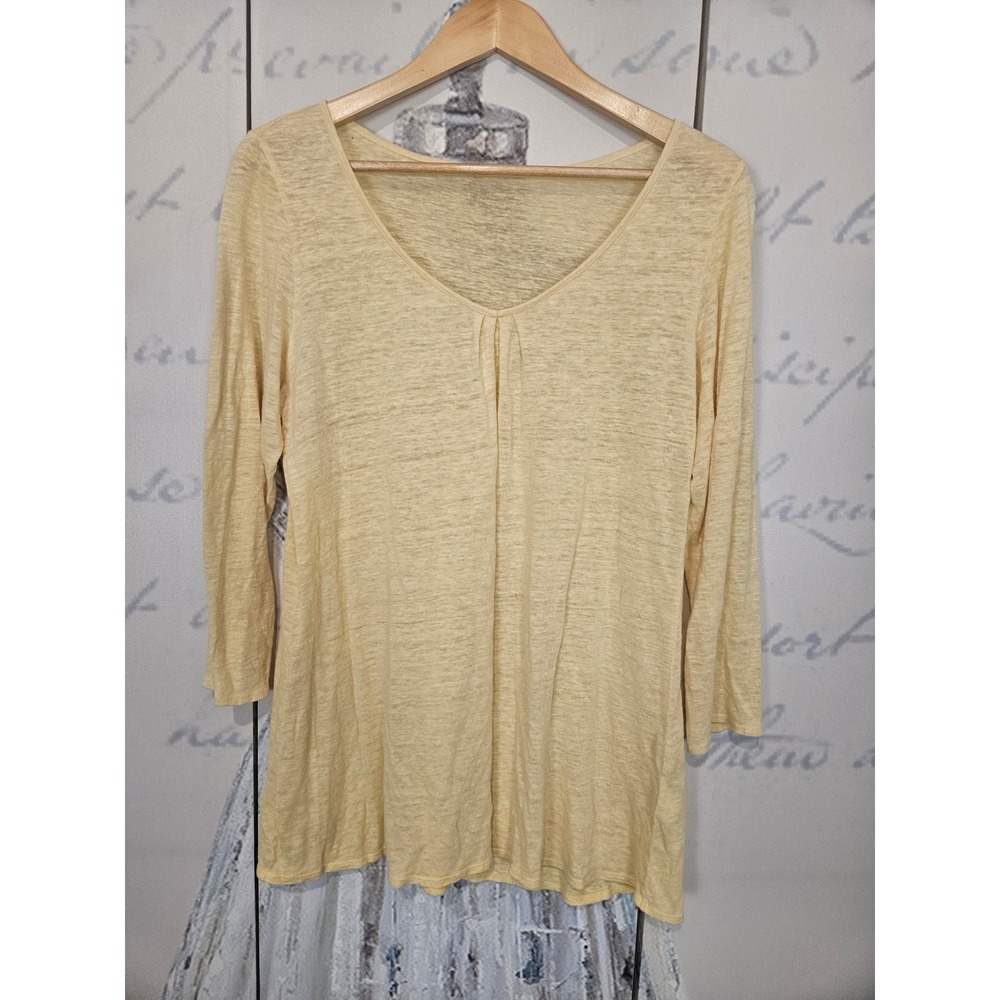 Eileen Fisher Pale Yellow 100% Linen‎ V-Neck 3/4 Sleeve Knit Top Tunic Large